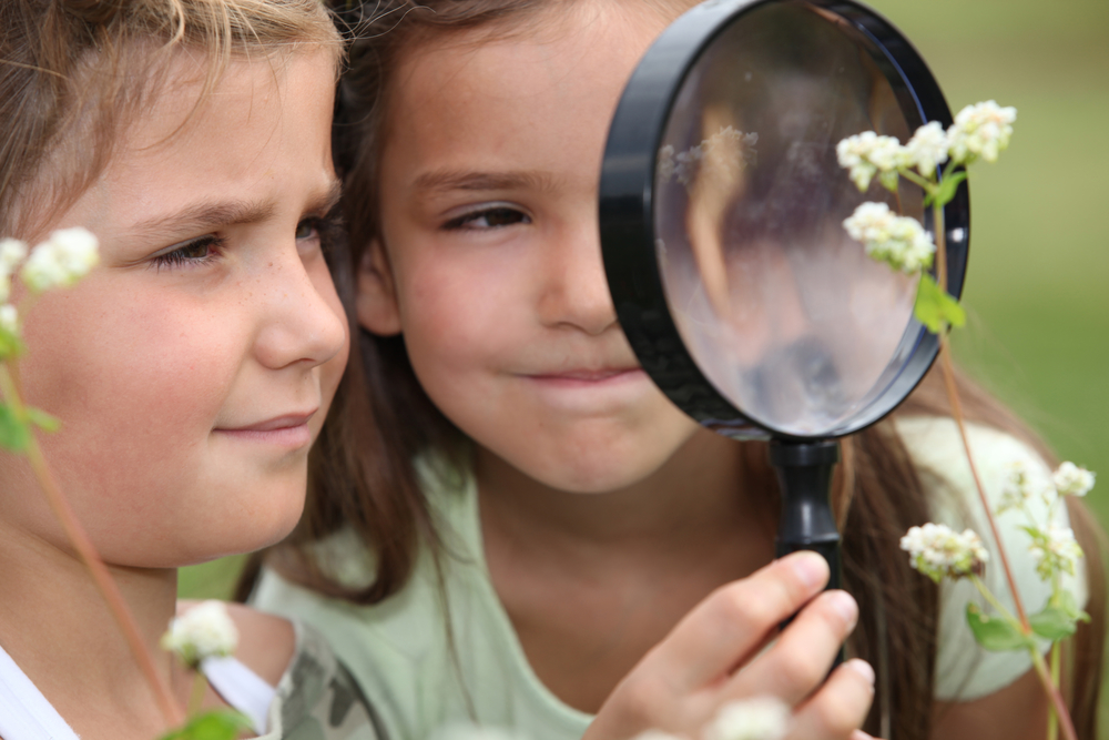 Дівчатка розглядають крізь збільшувальне скло квітку