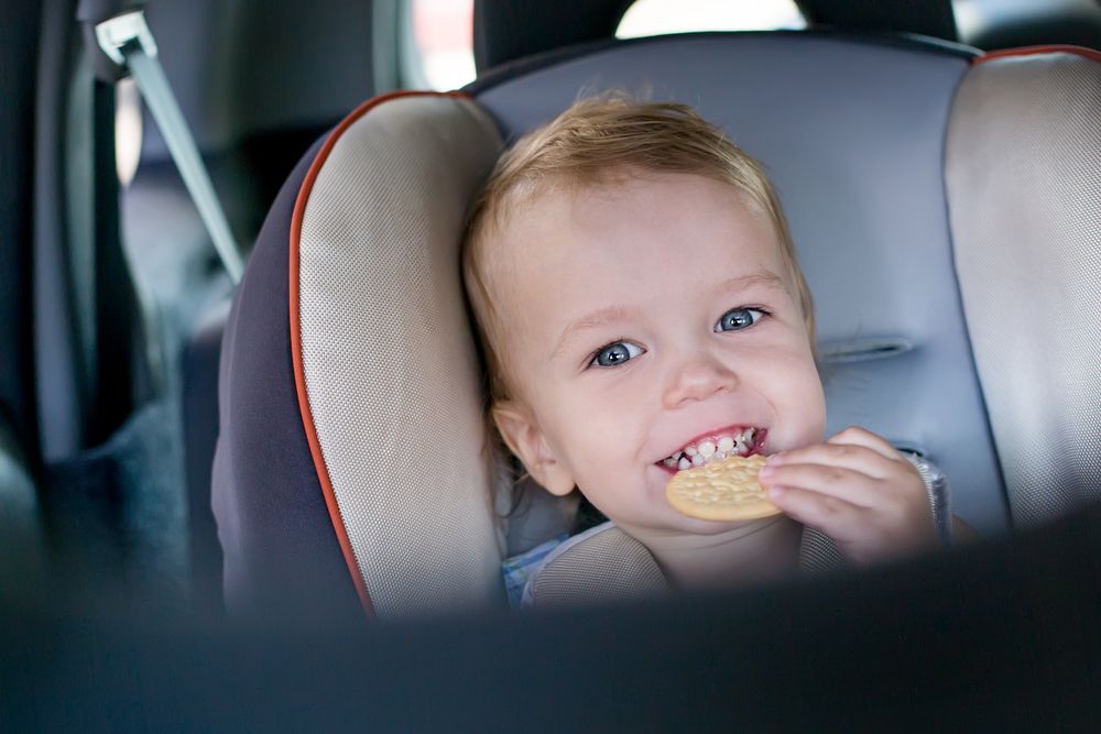 Малыш в машине ест печенье