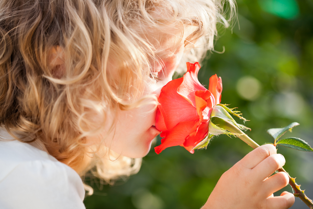 Ребенок нюхает цветы
