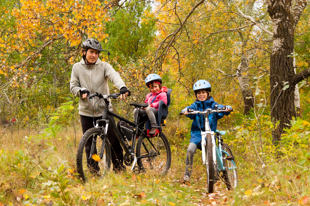 Семья в лесу на велосипедах