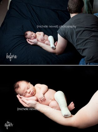 Як фотограф робить фото новонароджених, сплячих на одній руці